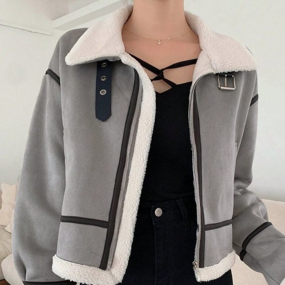Grey Casual Womens Buckled Detail Drop Shoulder Teddy Lined Zip Up Jacket - Picture 2 of 5